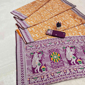 Elegant Mustard Weaving Cotton Silk Saree Accented With Detailed Madhubani Folk Art Work