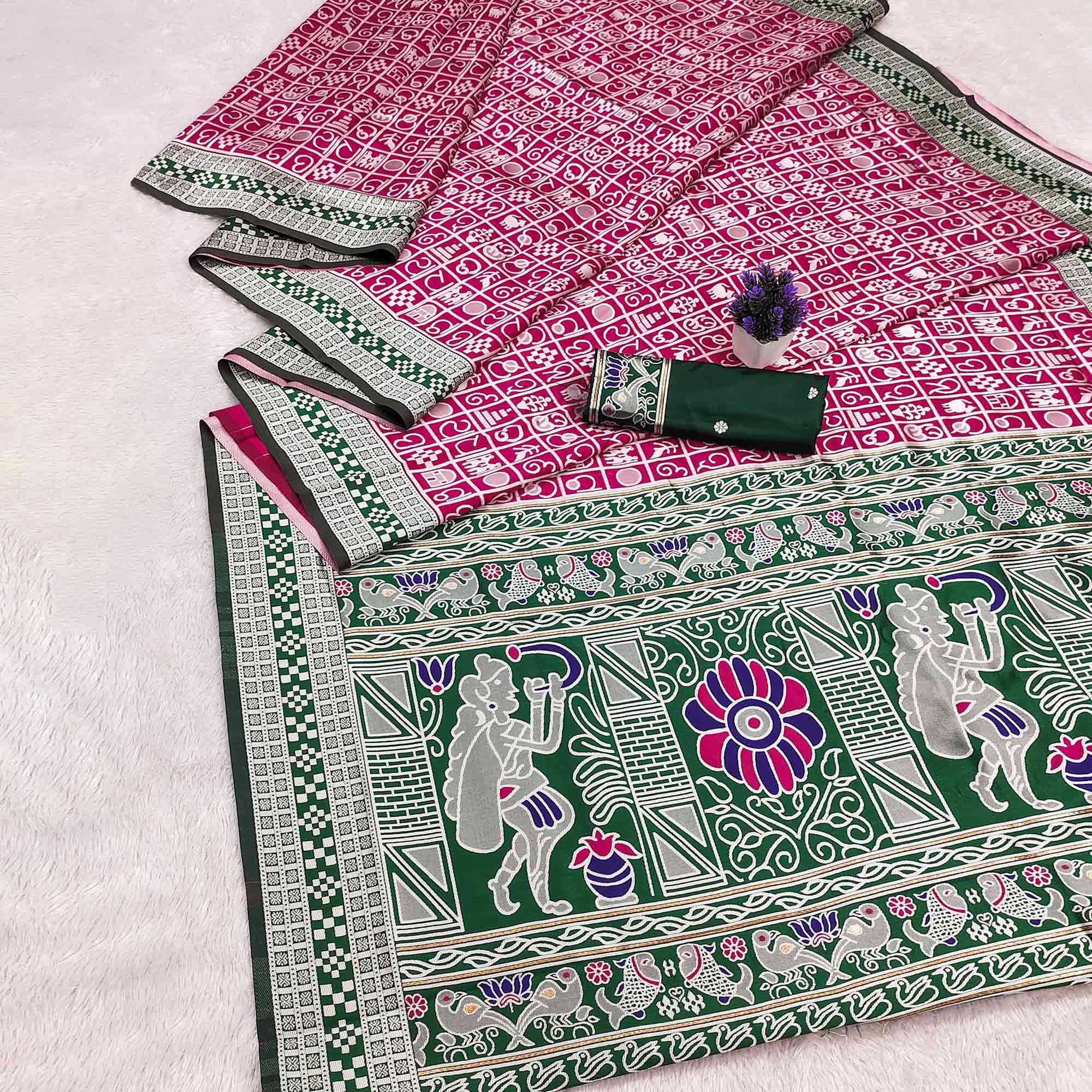 Elegant Pink Weaving Cotton Silk Saree Accented With Detailed Madhubani Folk Art Work