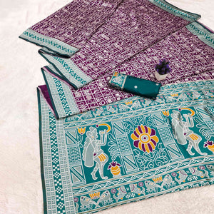 Elegant Purple Weaving Cotton Silk Saree Accented With Detailed Madhubani Folk Art Work