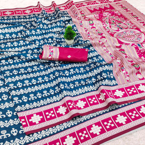 Blue Weaving Cotton Silk Saree With Contrasting Floral & Peacock Design Pallu