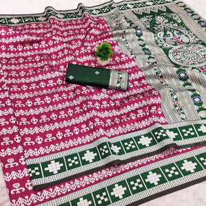 Pink Weaving Cotton Silk Saree With Contrasting Floral & Peacock Design Pallu