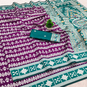Purple Weaving Cotton Silk Saree With Contrasting Floral & Peacock Design Pallu