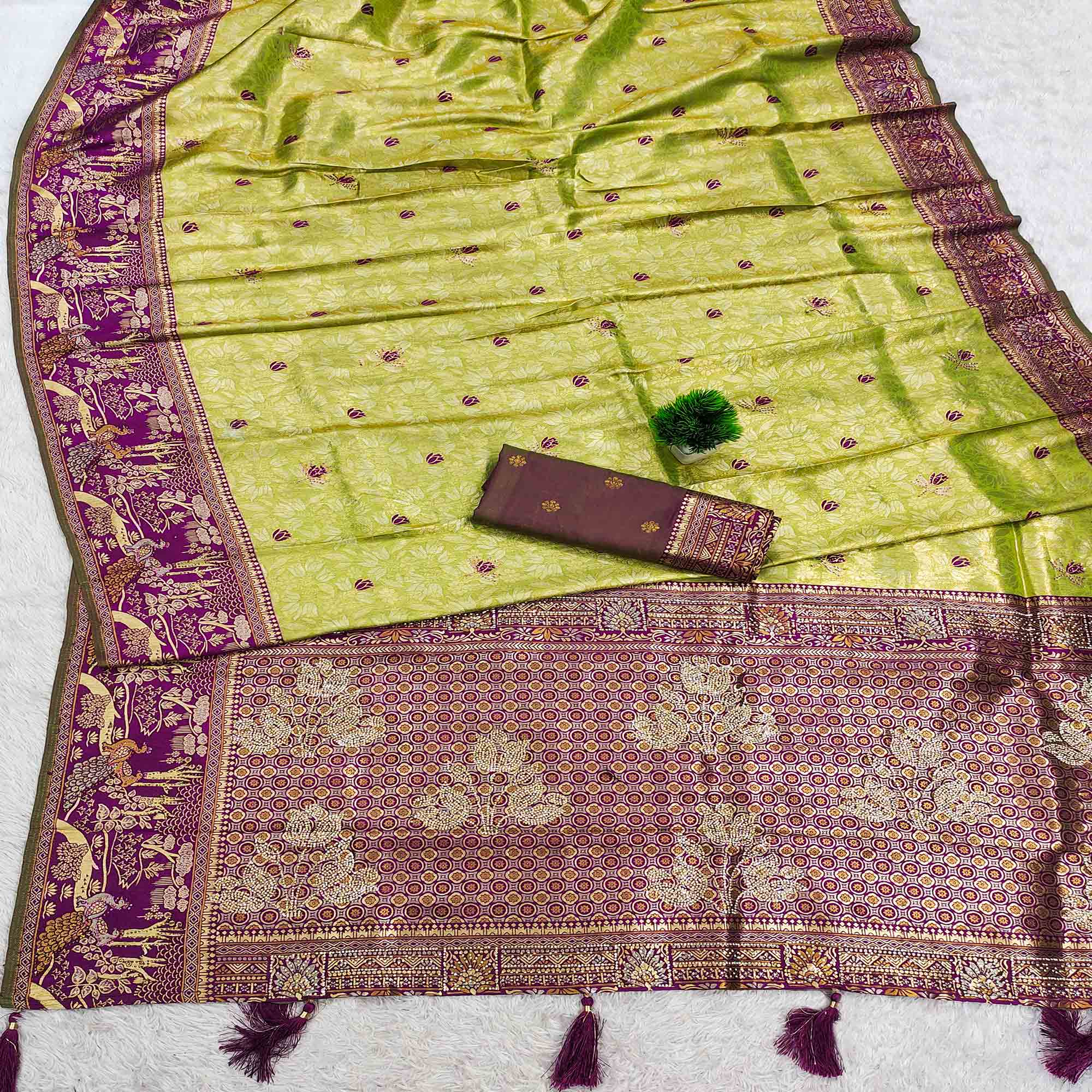 Parrot Green Silk Blend Saree Featuring Elegant Floral Weaving Work & A Graceful Tassel Pallu