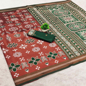 Brown Traditional Kanjivaram Silk Saree Featuring Elegant Floral Weaves