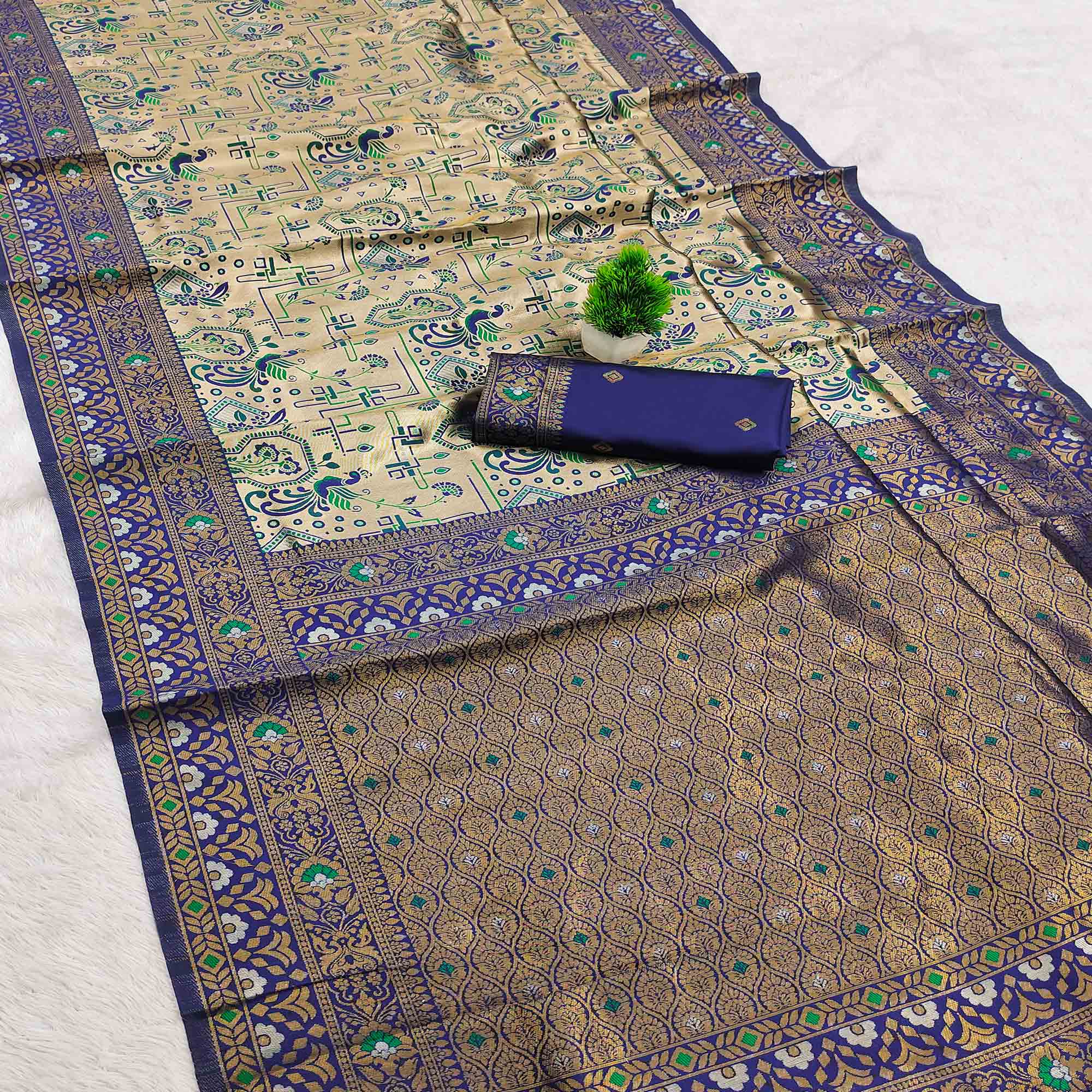 Beige & Blue Handloom Kanjivaram Silk Saree Featuring Kalamkari-Style Floral Weaves