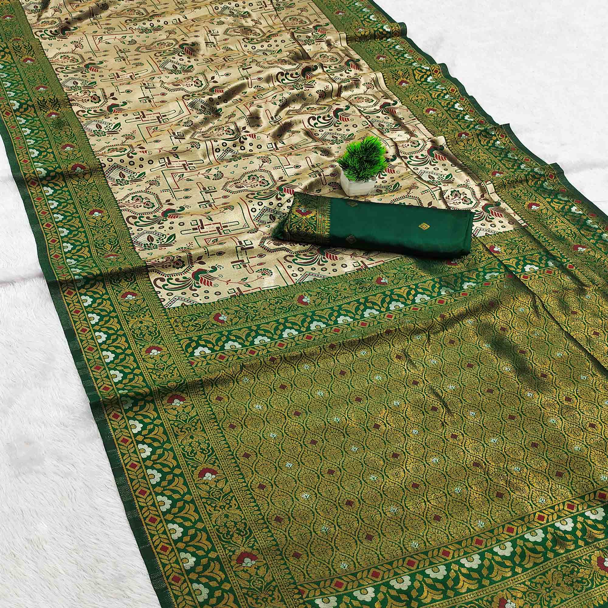 Beige & Green Handloom Kanjivaram Silk Saree Featuring Kalamkari-Style Floral Weaves