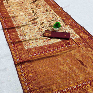 Beige & Maroon Handloom Kanjivaram Silk Saree Featuring Kalamkari-Style Floral Weaves