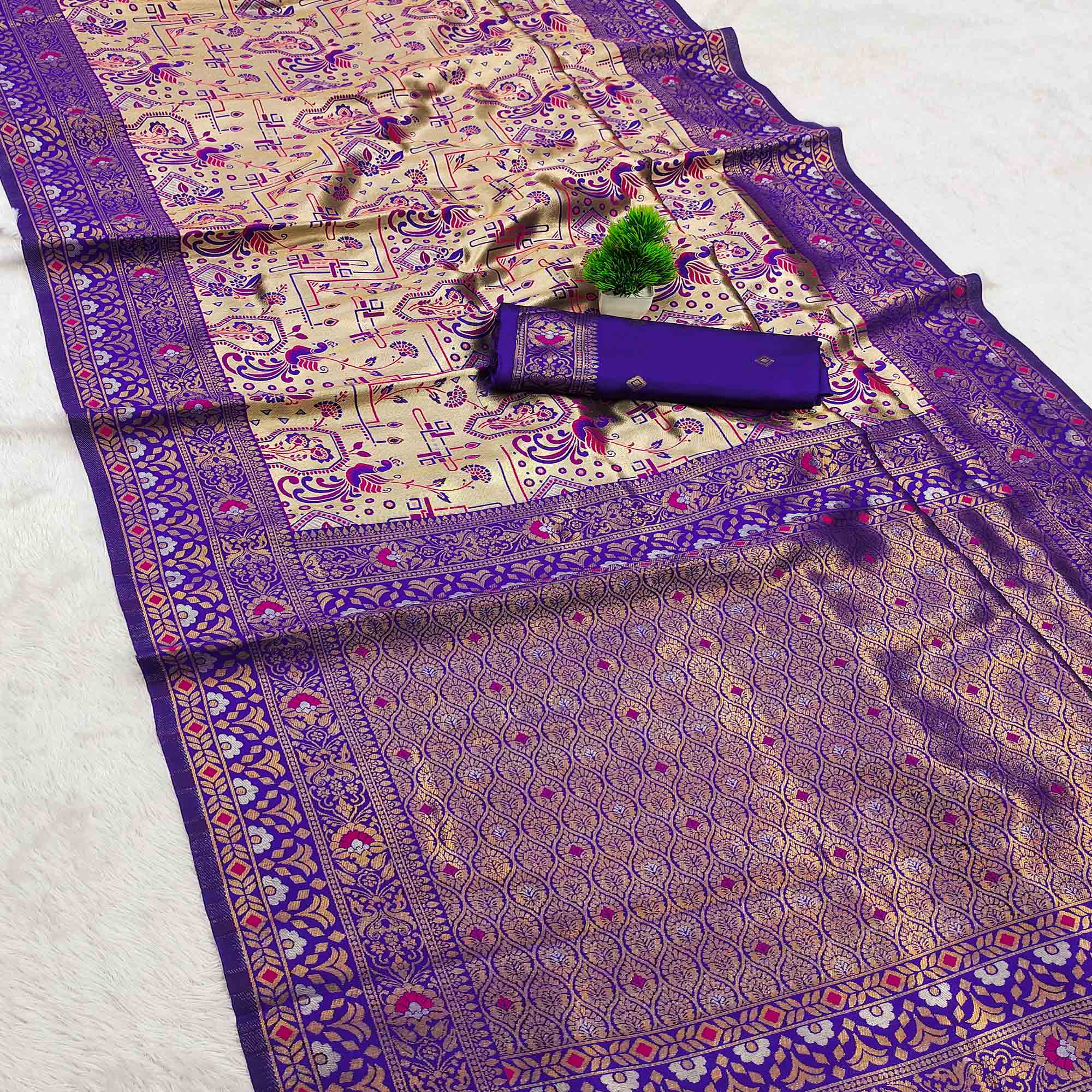 Beige & Violet Handloom Kanjivaram Silk Saree Featuring Kalamkari-Style Floral Weaves