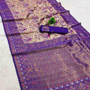Beige & Violet Handloom Kanjivaram Silk Saree Featuring Kalamkari-Style Floral Weaves