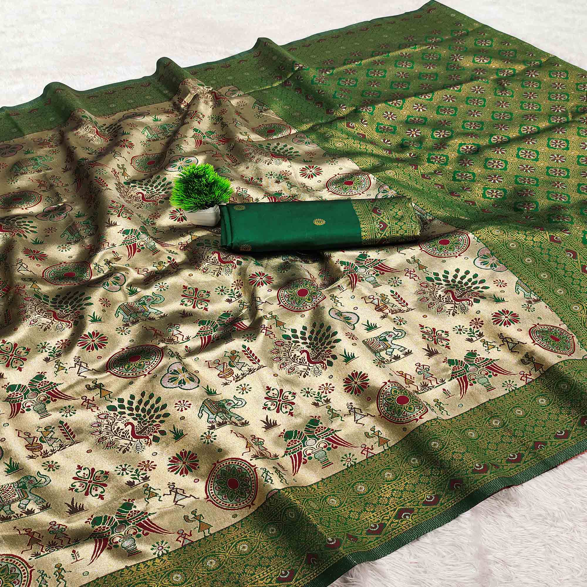 Beige & Green Pure Kanjivaram Silk Saree Adorned with Meenakari Floral Weaving