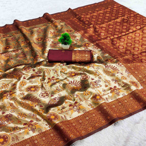 Beige & Maroon Pure Kanjivaram Silk Saree Adorned with Meenakari Floral Weaving