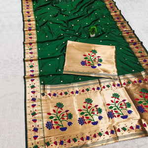 Green Paithani Inspired Lotus Woven Kanjivaram Bridal Silk Saree