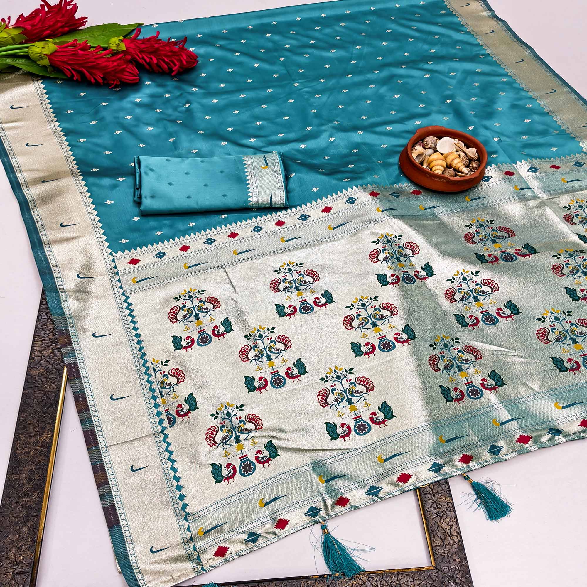 Rama Blue Timeless Paithani Satin Silk Saree Featuring Luxurious Zari Weaving