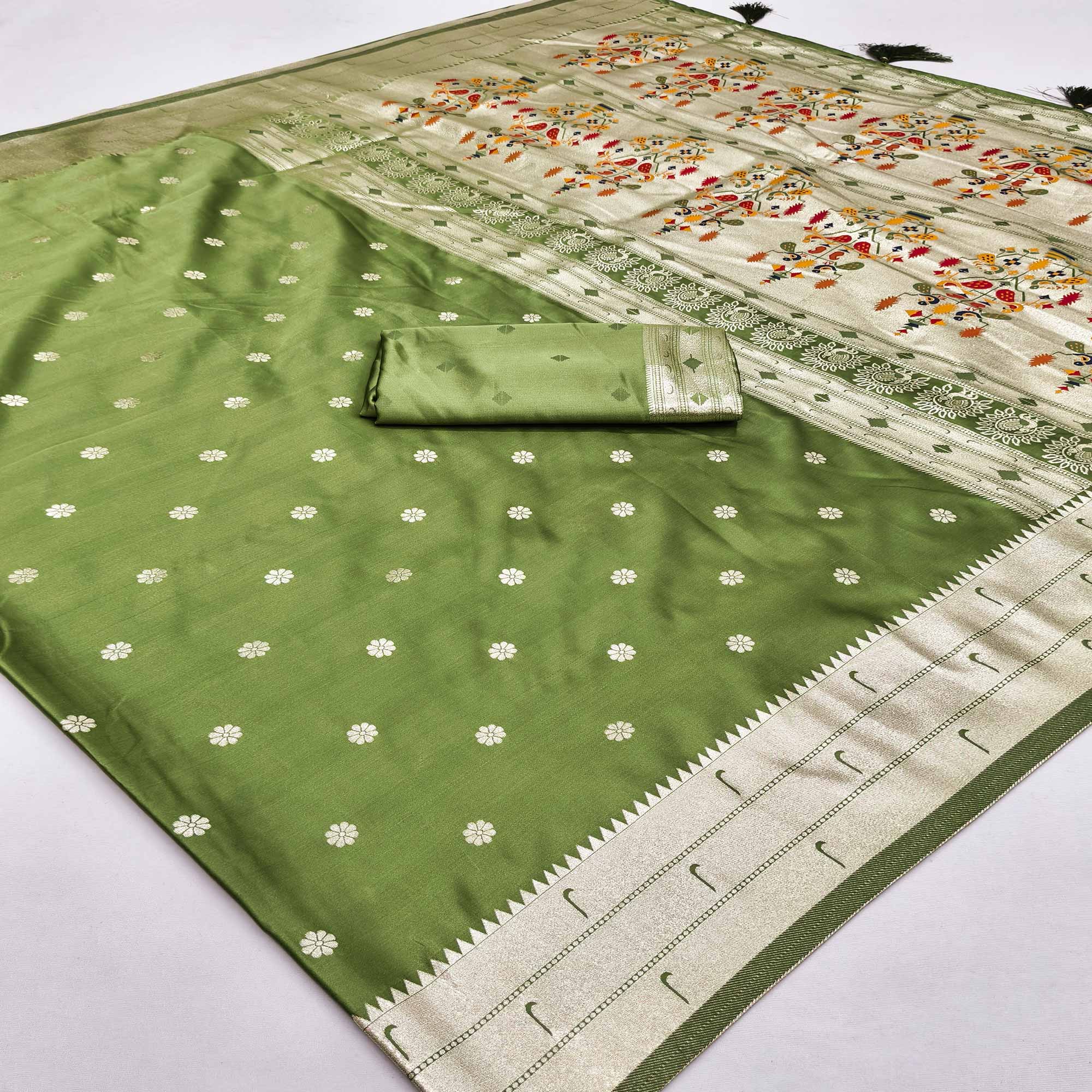 Green Classic Paithani Satin Silk Saree Accented with Rich Zari Work