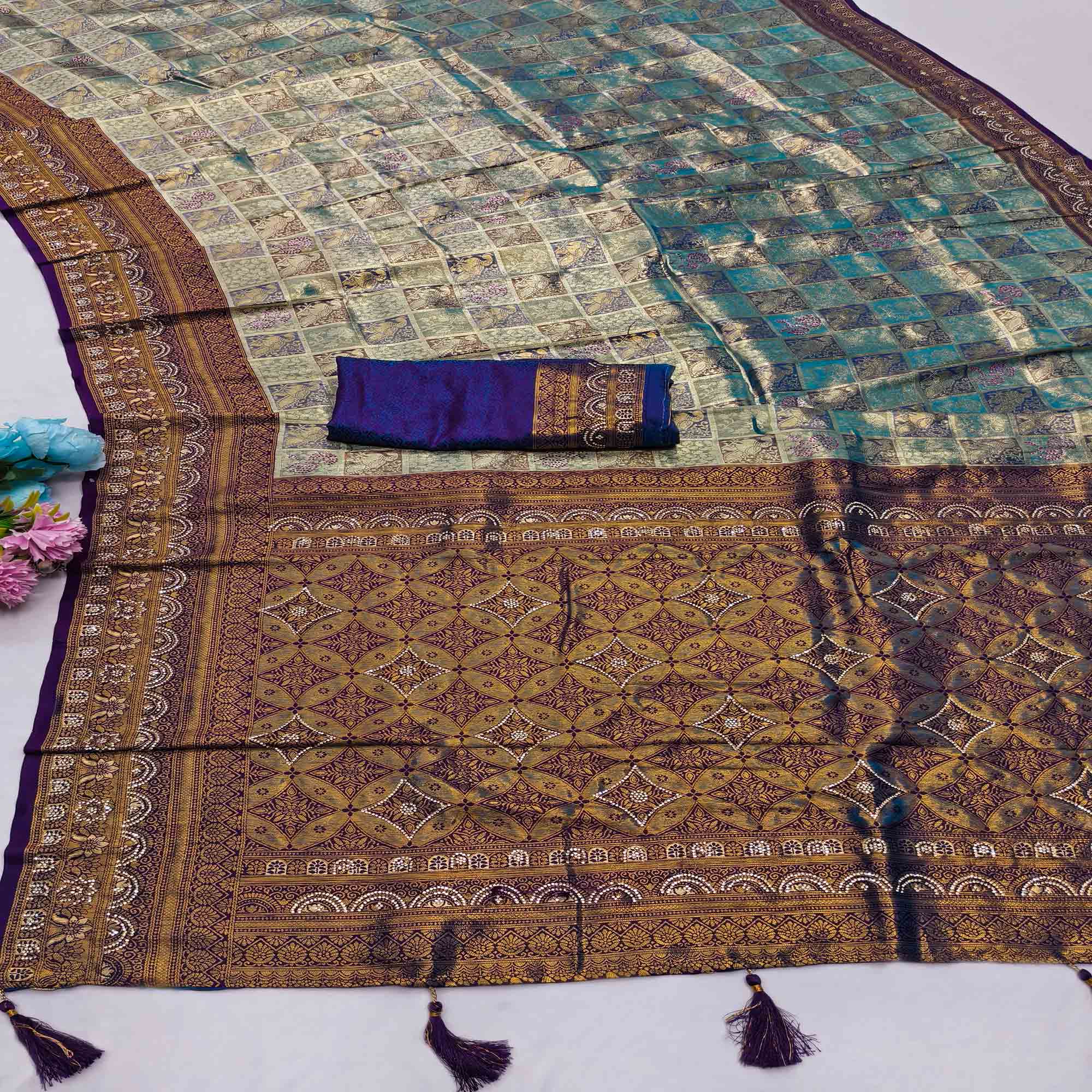 Rama Blue Lightweight Cotton Silk Saree Highlighted with Intricate Woven Pattern & Swarovski Sparkle