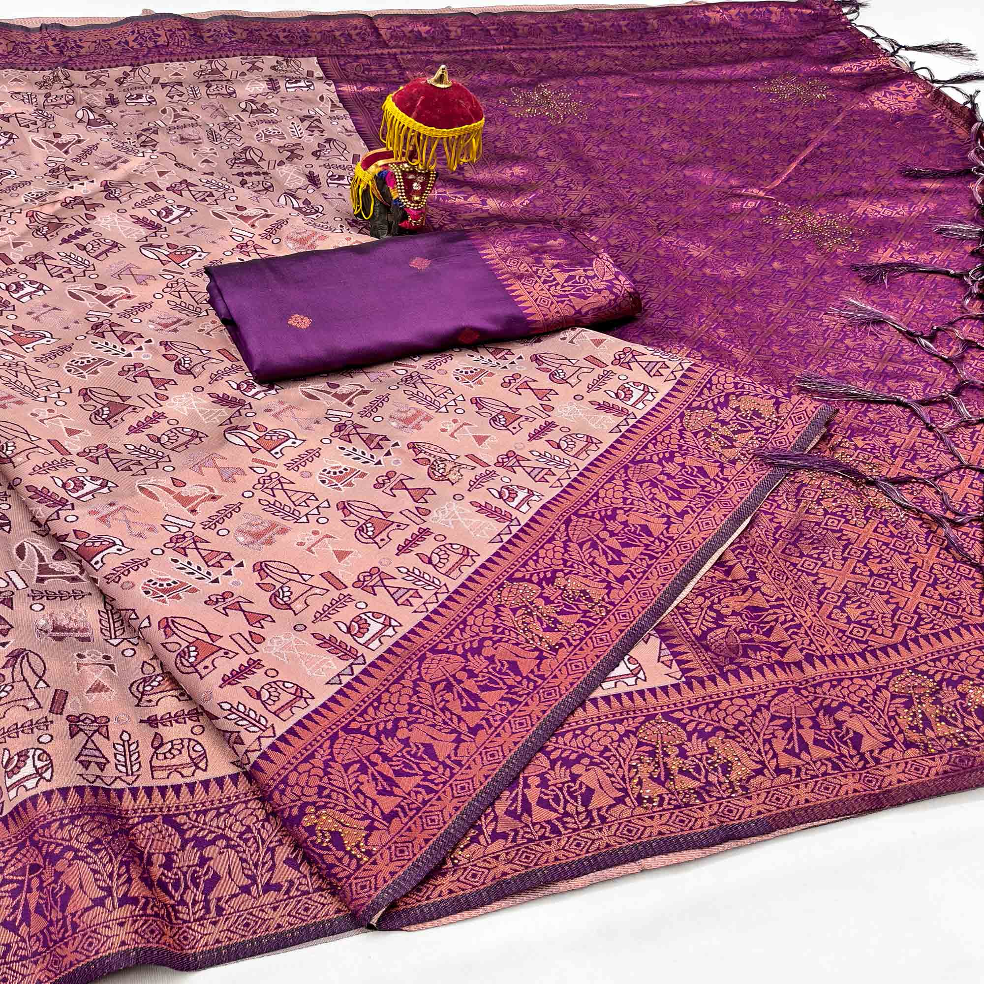 Peach & Purple Tissue Silk Saree Featuring Intricate Weaving with Sparkling Swarovski Embellishments
