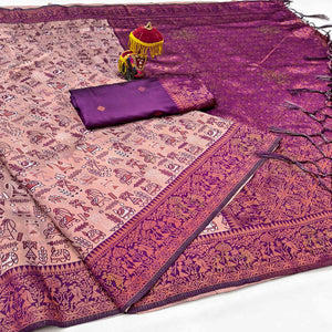 Peach & Purple Tissue Silk Saree Featuring Intricate Weaving with Sparkling Swarovski Embellishments