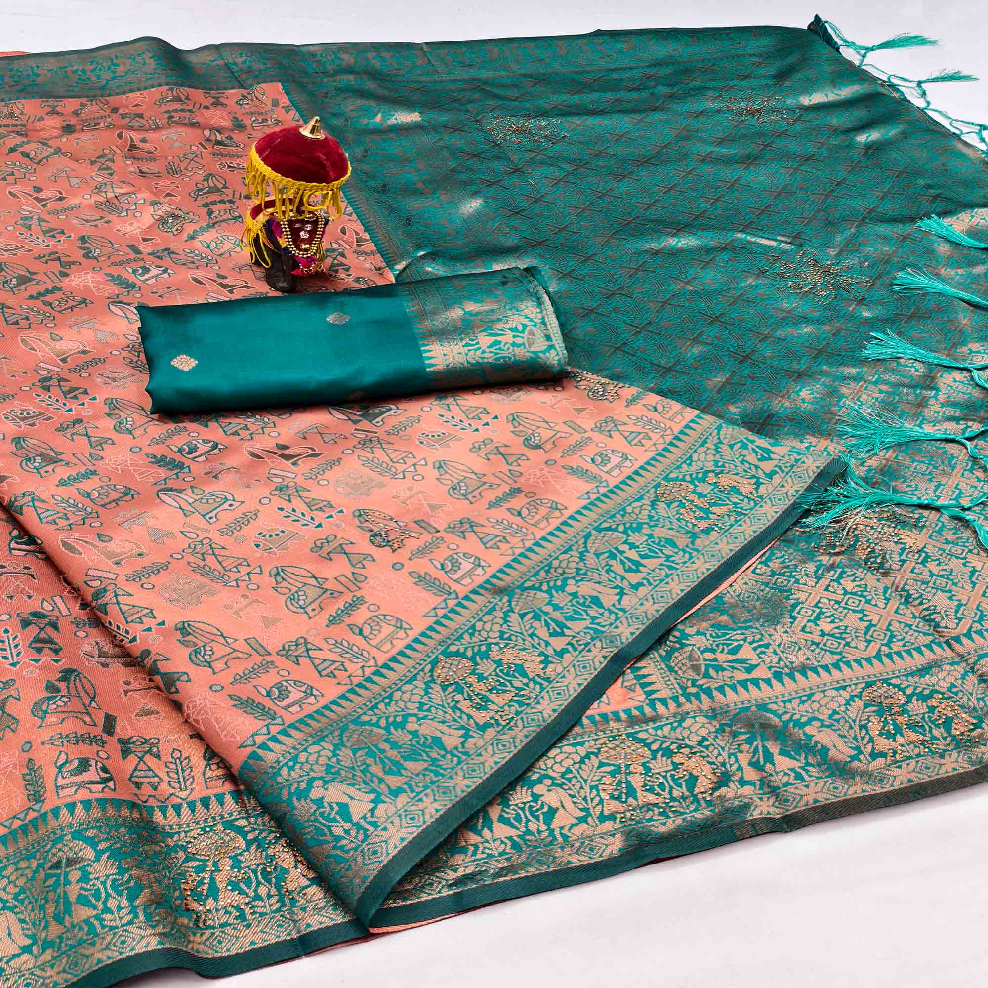 Peach & Teal Tissue Silk Saree Featuring Intricate Weaving with Sparkling Swarovski Embellishments