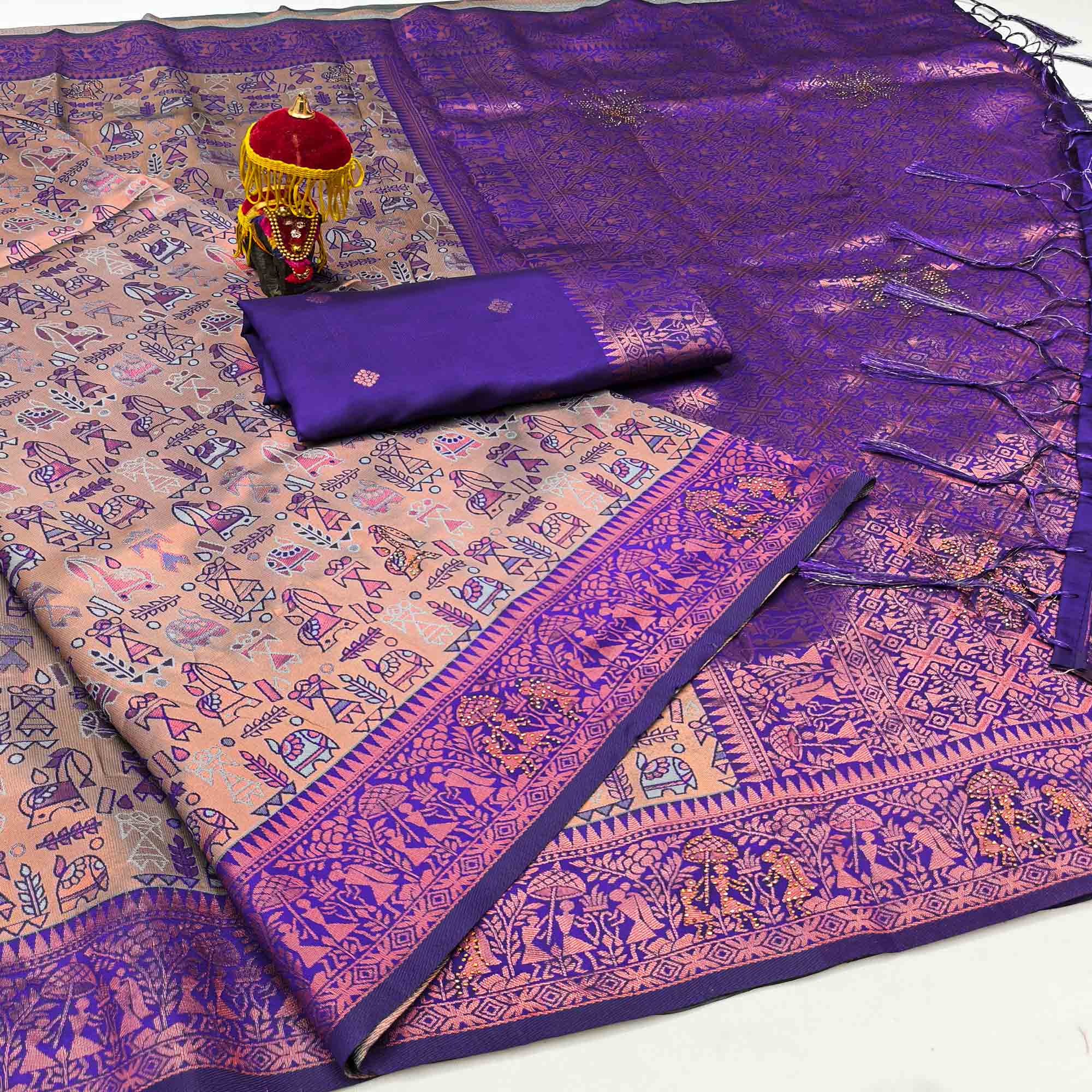 Beige & Violet Tissue Silk Saree Featuring Intricate Weaving with Sparkling Swarovski Embellishments