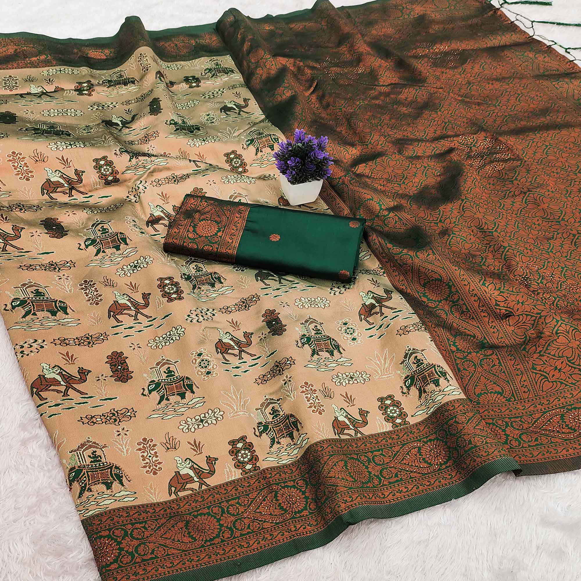 Beige & Bottle Green Tissue Silk Saree Highlighted with Artistic Weaving & Swarovski Sparkle