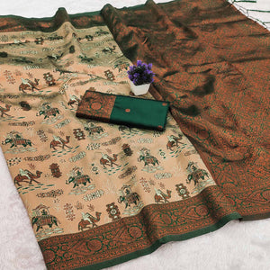 Beige & Bottle Green Tissue Silk Saree Highlighted with Artistic Weaving & Swarovski Sparkle