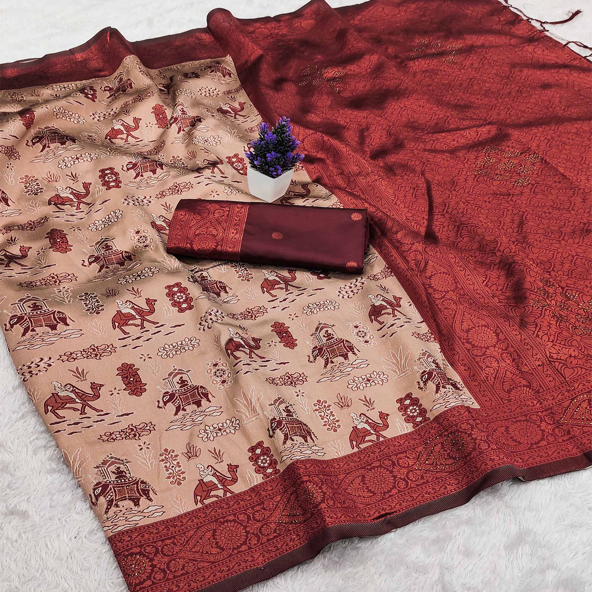 Cream & Maroon Lightweight Tissue Silk Saree Highlighted with Artistic Weaving & Swarovski Sparkle