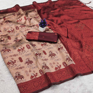 Cream & Maroon Lightweight Tissue Silk Saree Highlighted with Artistic Weaving & Swarovski Sparkle