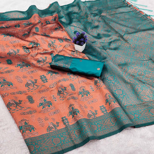 Peach & Teal Lightweight Tissue Silk Saree Highlighted with Artistic Weaving and Swarovski Sparkle