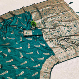 Teal Traditional Cotton Silk Saree Enhanced with Fine Zari Work and Decorative Tassel Edges