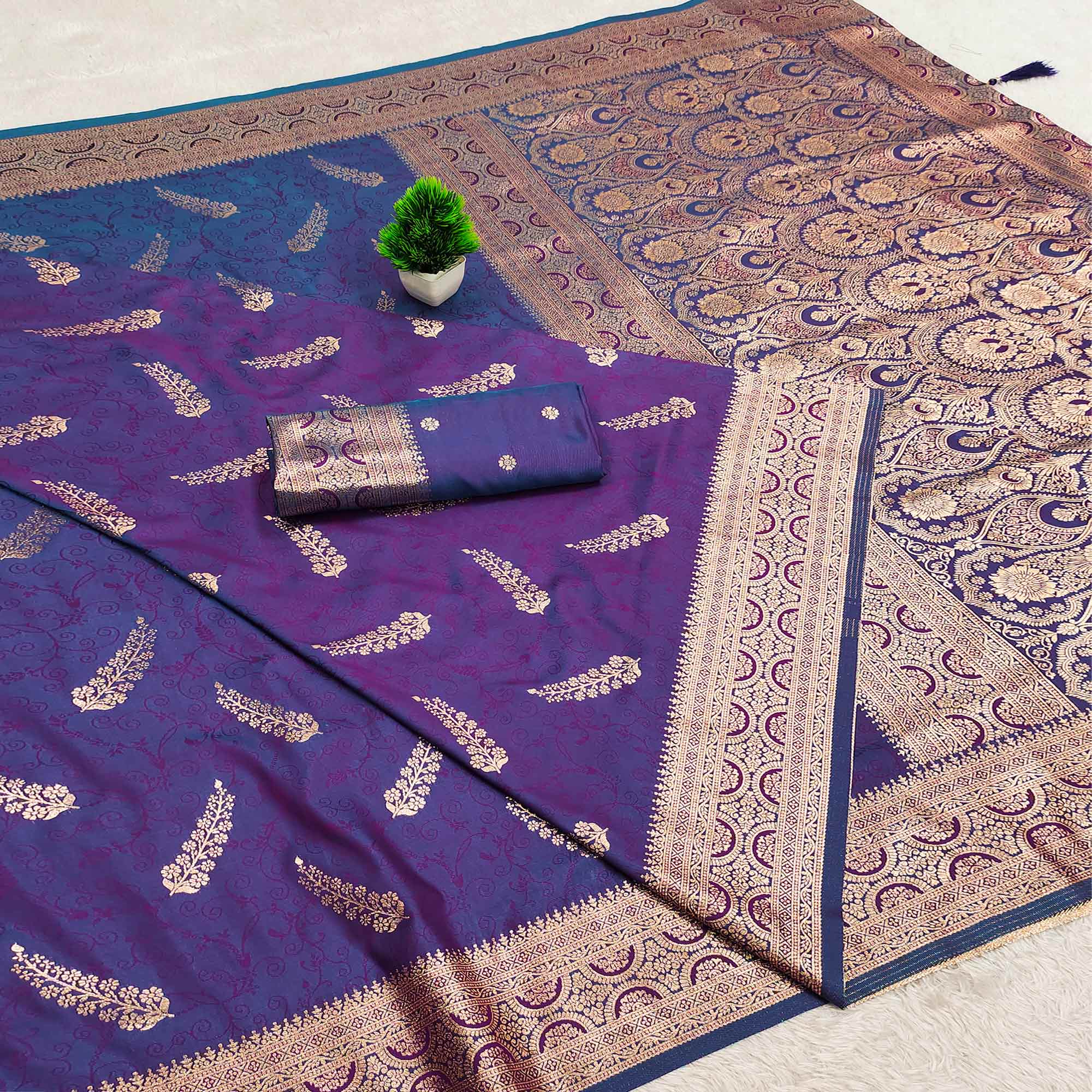 Violet Traditional Cotton Silk Saree Enhanced with Fine Zari Work and Decorative Tassel Edges