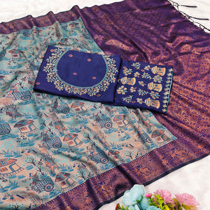 Greyish Blue & Royal Blue Tissue Silk Saree Adorned with Intricate Zari Weaving for a Festive Look