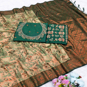 Green Tissue Silk Saree Adorned with Intricate Zari Weaving for a Rich Festive Look