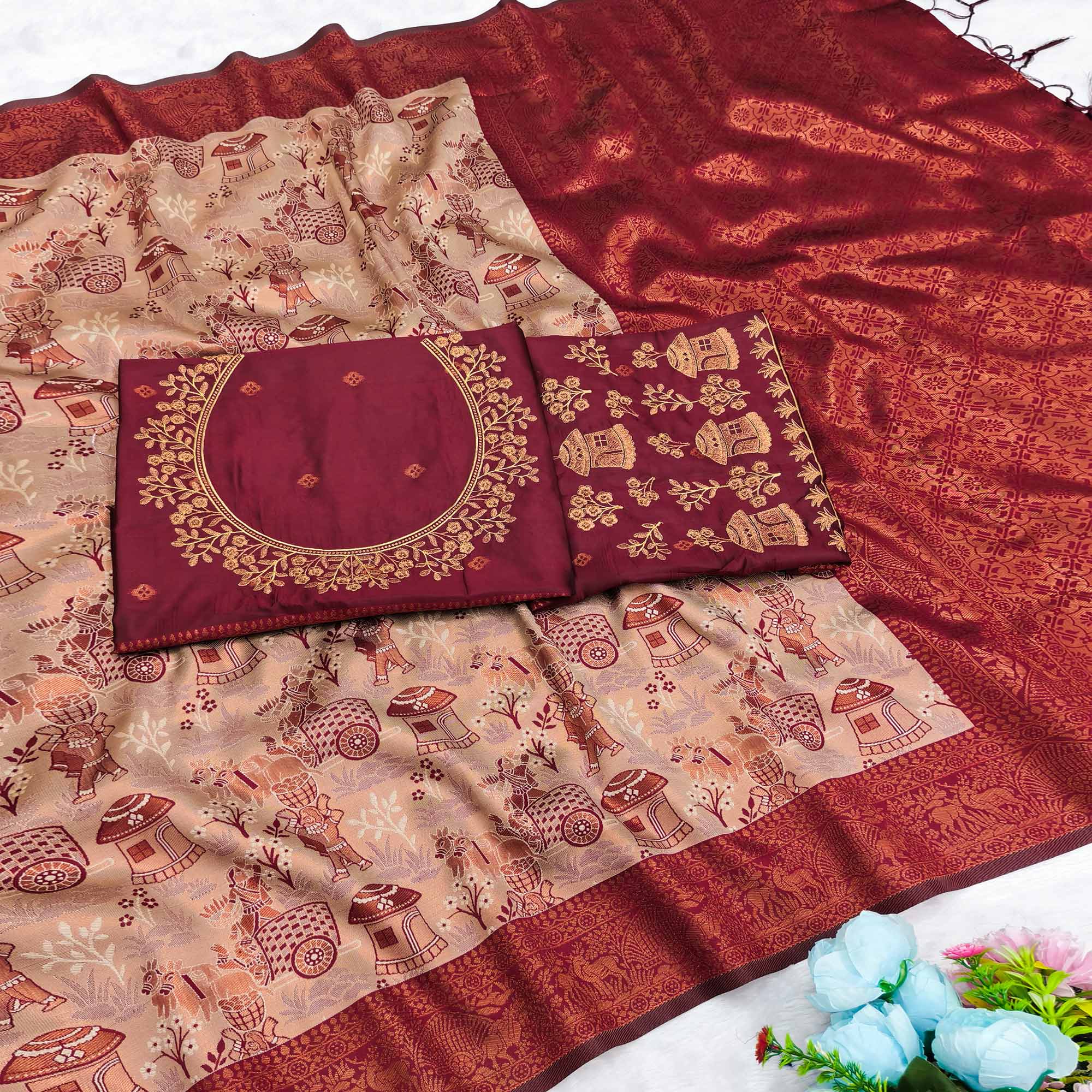 Beige & Maroon Tissue Silk Saree Adorned with Intricate Zari Weaving for a Rich Festive Look