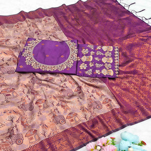Beige & Purple Tissue Silk Saree Adorned with Intricate Zari Weaving for a Rich Festive Look