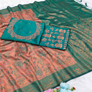 Peach & Teal Tissue Silk Saree Adorned with Intricate Zari Weaving for a Rich Festive Look