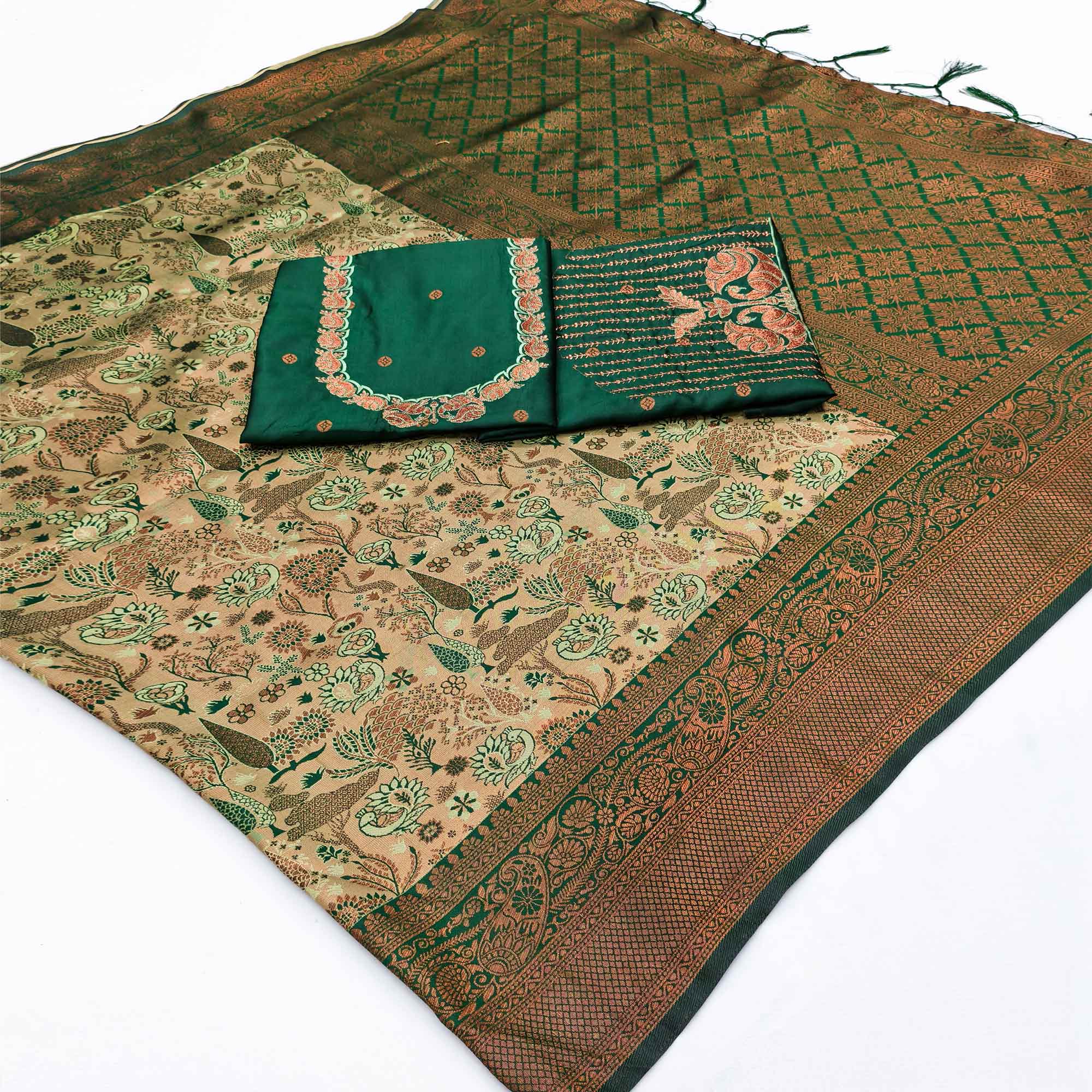 Green Handwoven Tissue Silk Saree Showcasing Refined Zari Patterns and Timeless Elegance