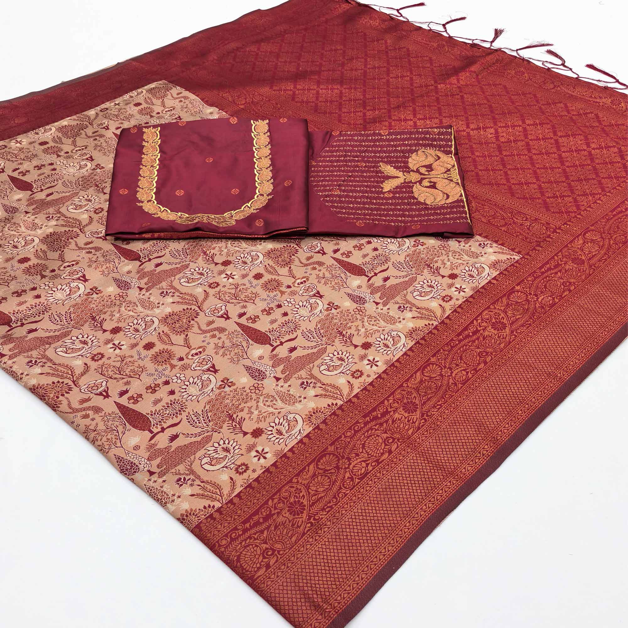 Beige & Maroon Handwoven Tissue Silk Saree Showcasing Refined Zari Patterns and Timeless Elegance