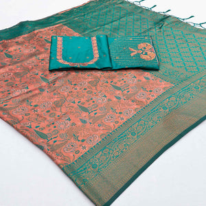 Peach & Teal Handwoven Tissue Silk Saree Showcasing Refined Zari Patterns and Timeless Elegance