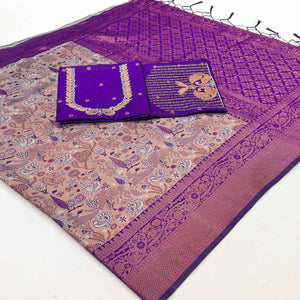 Beige & Violet Handwoven Tissue Silk Saree Showcasing Refined Zari Patterns and Timeless Elegance