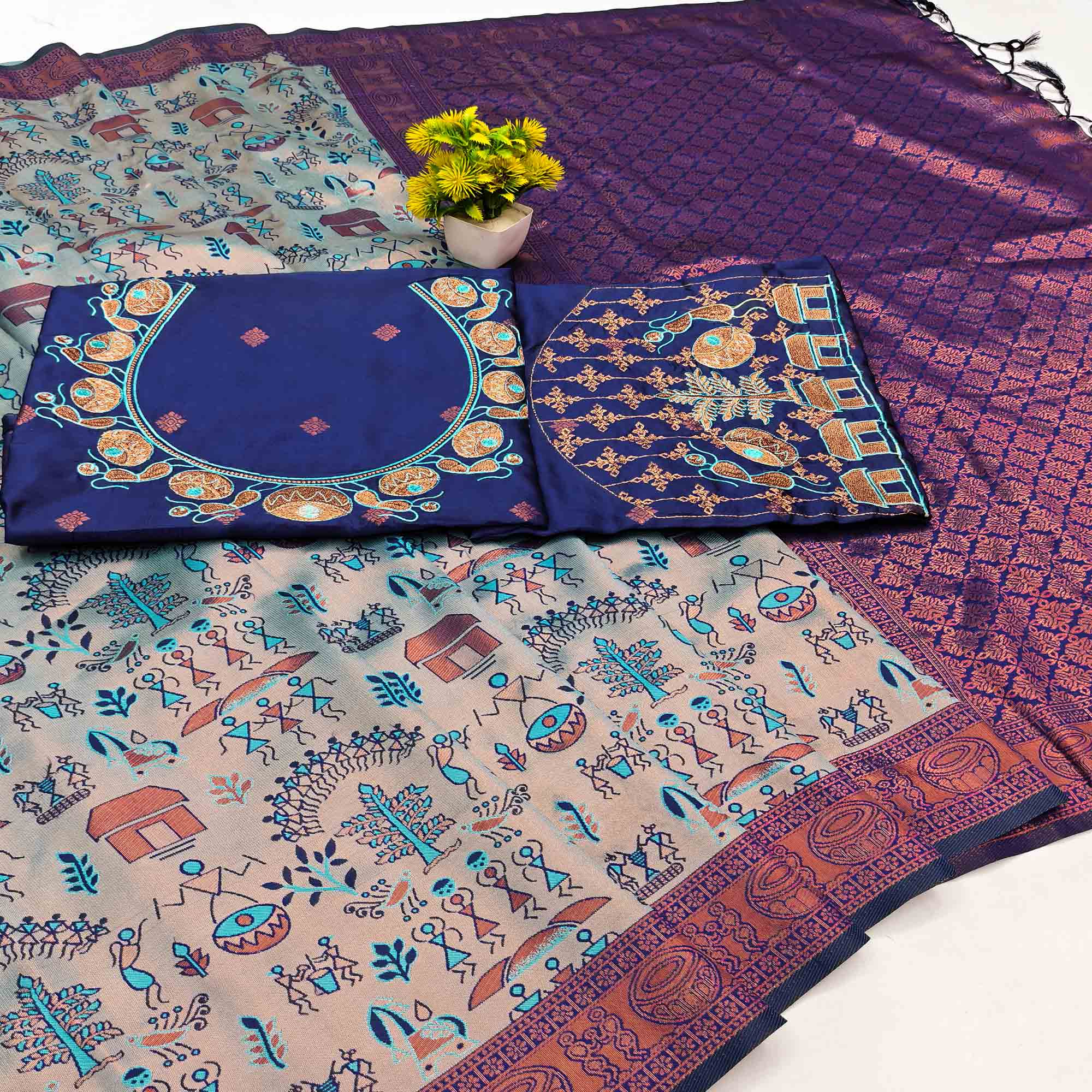 Greyish Blue & Royal Blue Tissue Silk Saree Highlight Zari Woven Motifs for Traditional Occasions