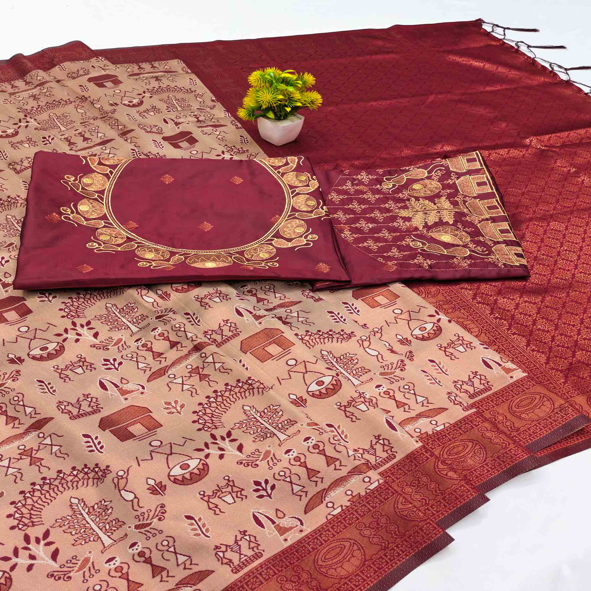 Beige & Maroon Tissue Silk Saree Highlighted with Zari Woven Motifs for Traditional Occasions