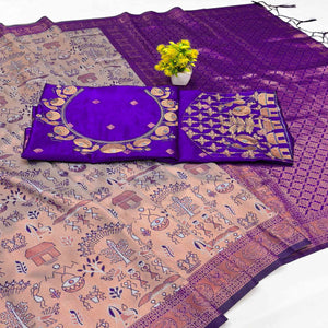 Beige & Violet Tissue Silk Saree Highlighted with Zari Woven Motifs for Traditional Occasions