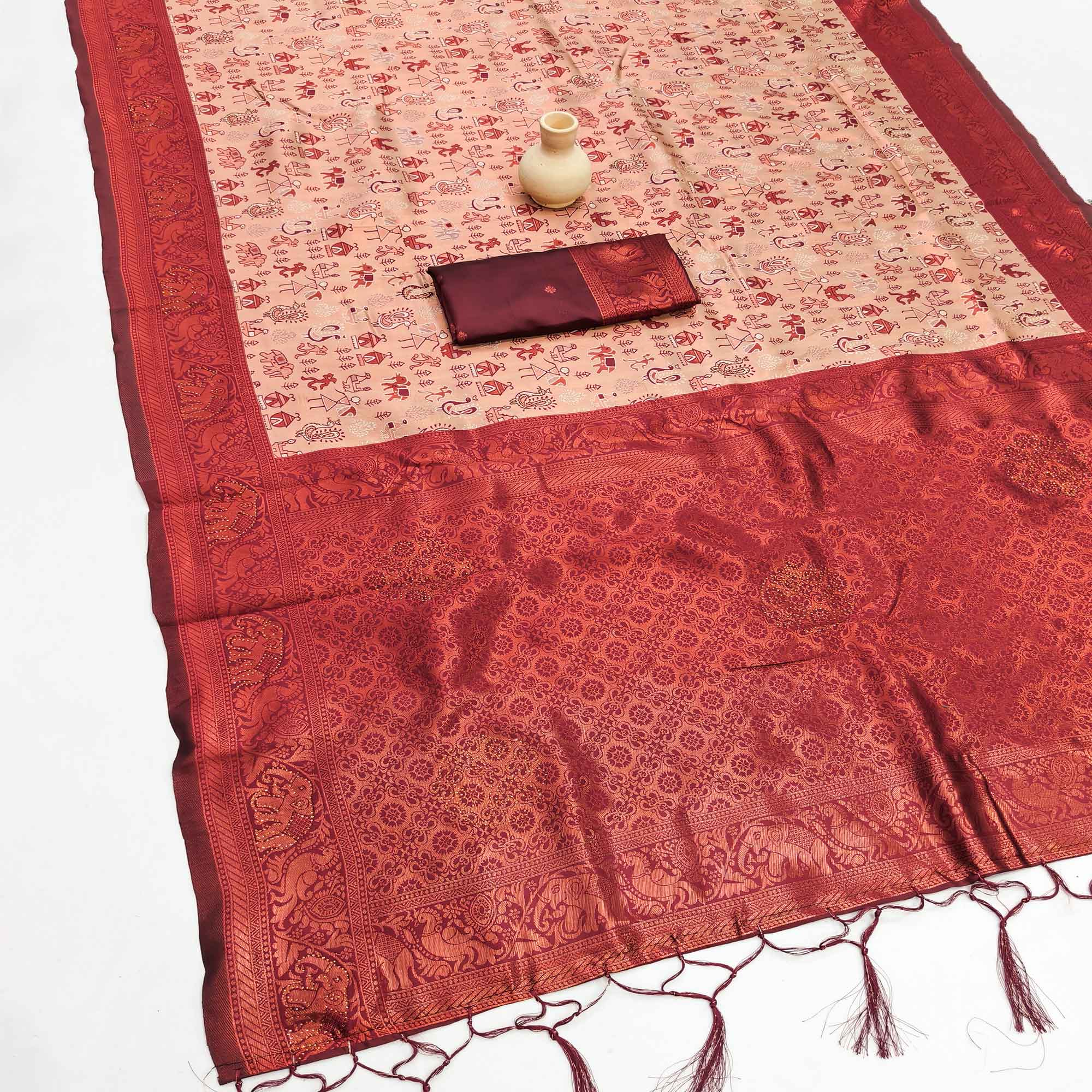 Beige & Maroon Classic Tissue Silk Saree Highlighted with Fine Zari Woven Motifs
