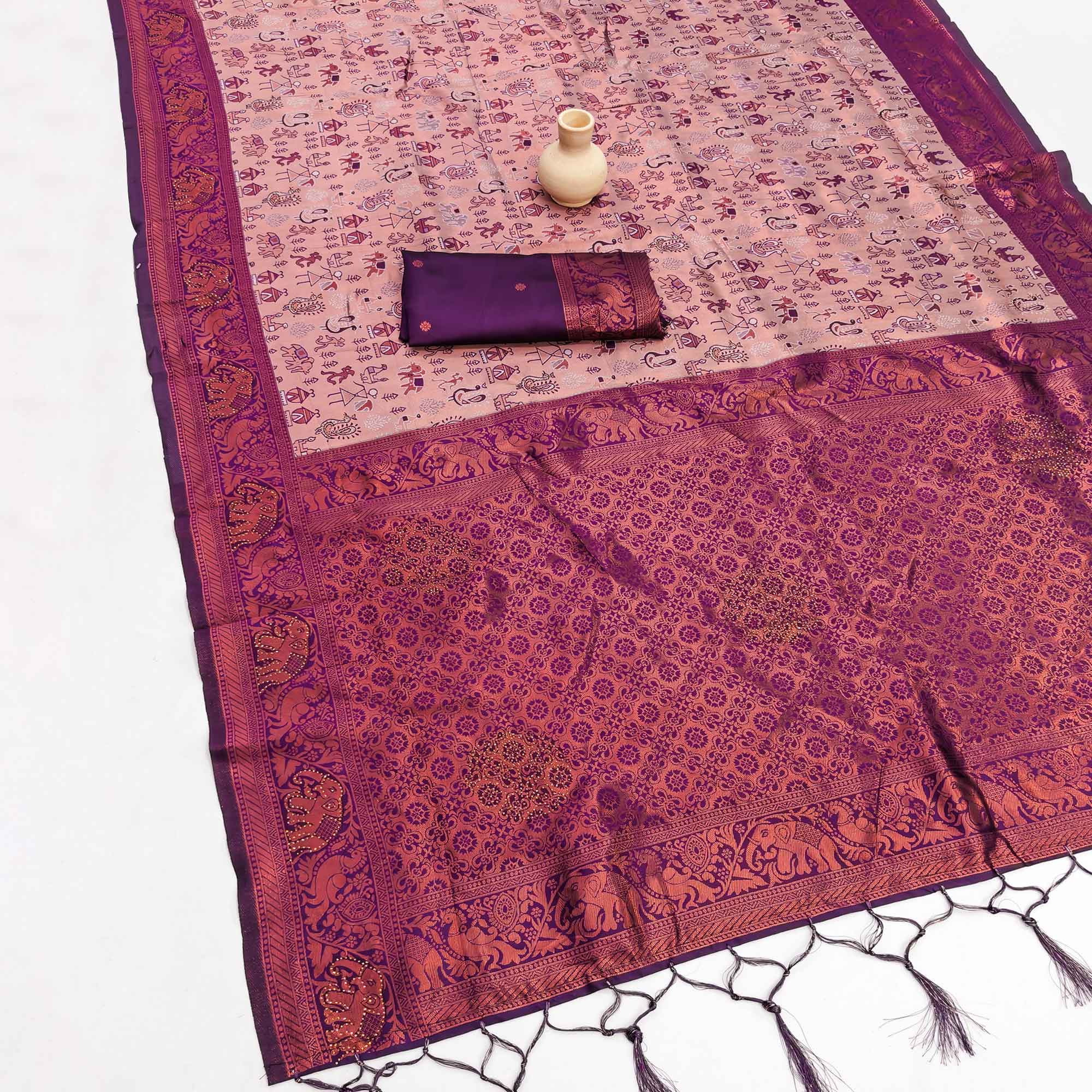 Beige & Purple Classic Tissue Silk Saree Highlighted with Fine Zari Woven Motifs