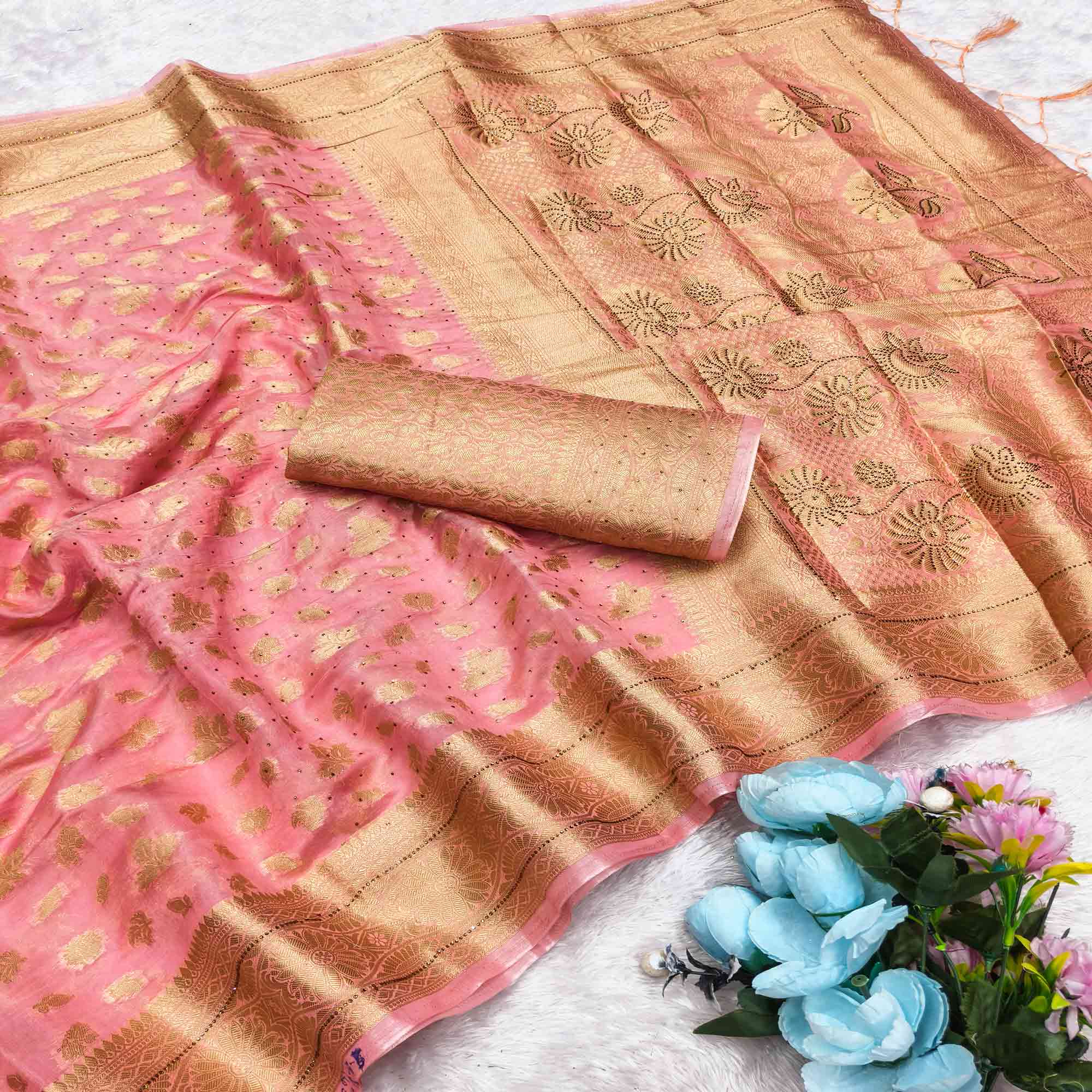 Radiant Baby Pink Tissue Banarasi Saree With Intricate Floral Zari Weaving & Stone Embellishments