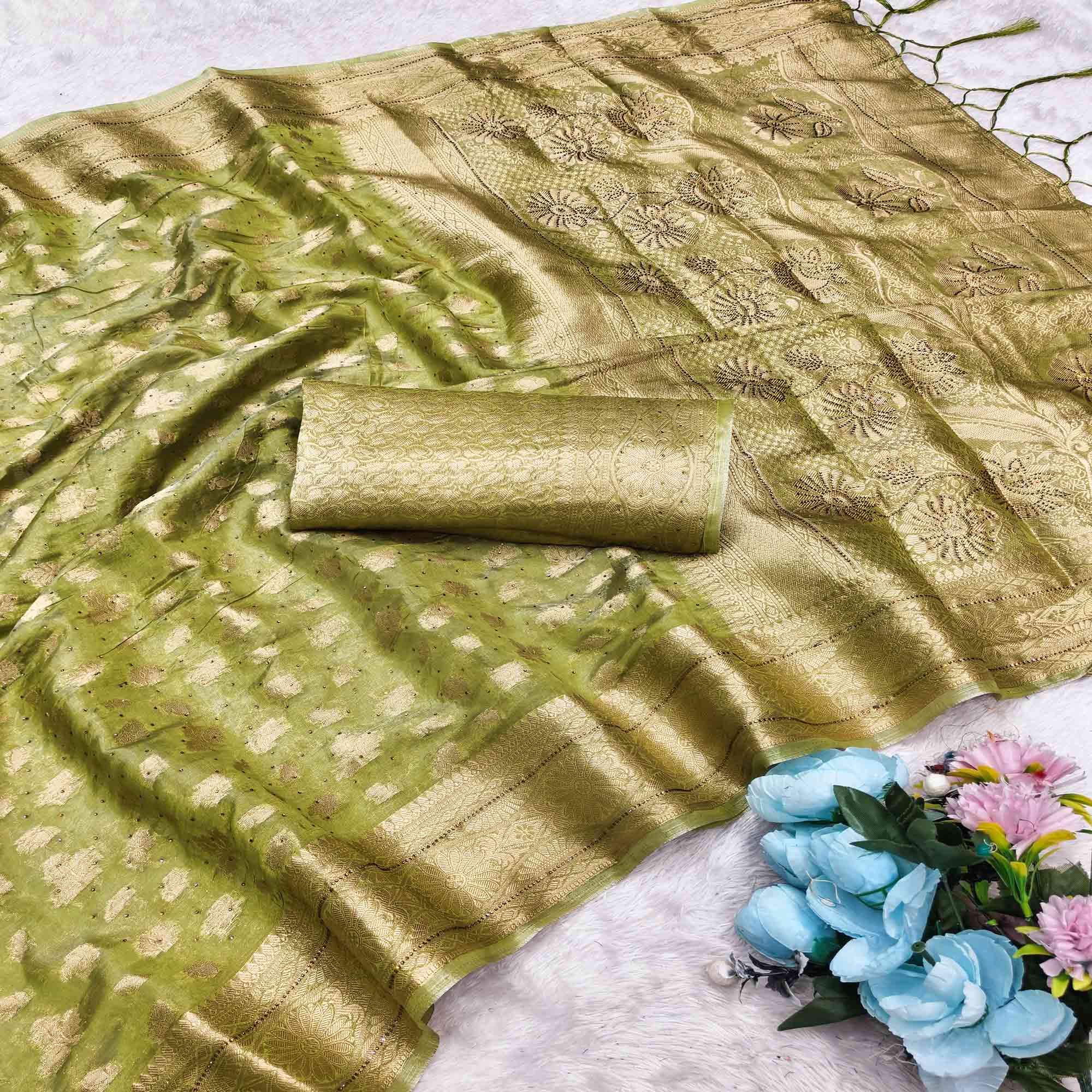 Radiant Green Tissue Banarasi Saree With Intricate Floral Zari Weaving & Stone Embellishments