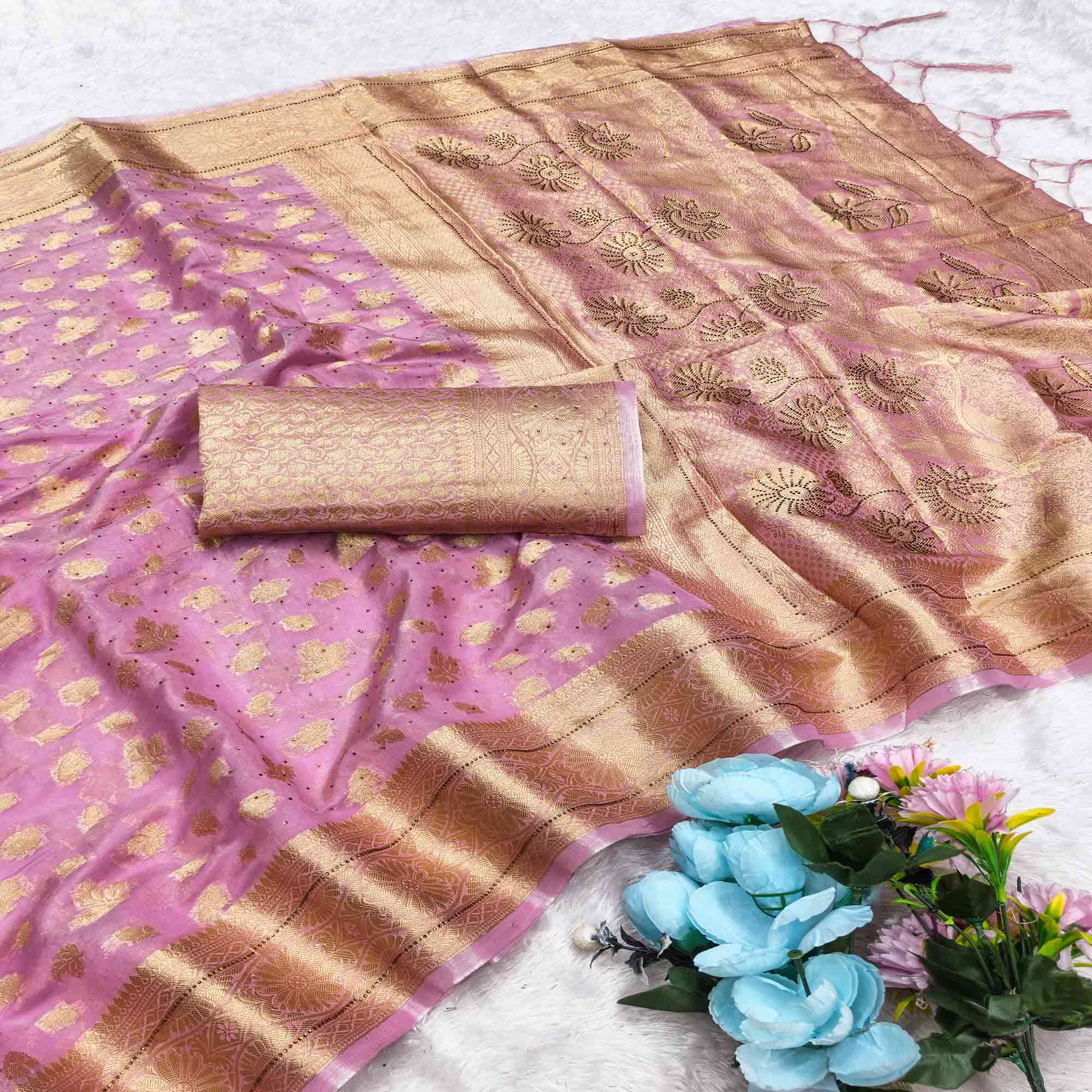 Radiant Onion Pink Tissue Banarasi Saree With Intricate Floral Zari Weaving & Stone Embellishment