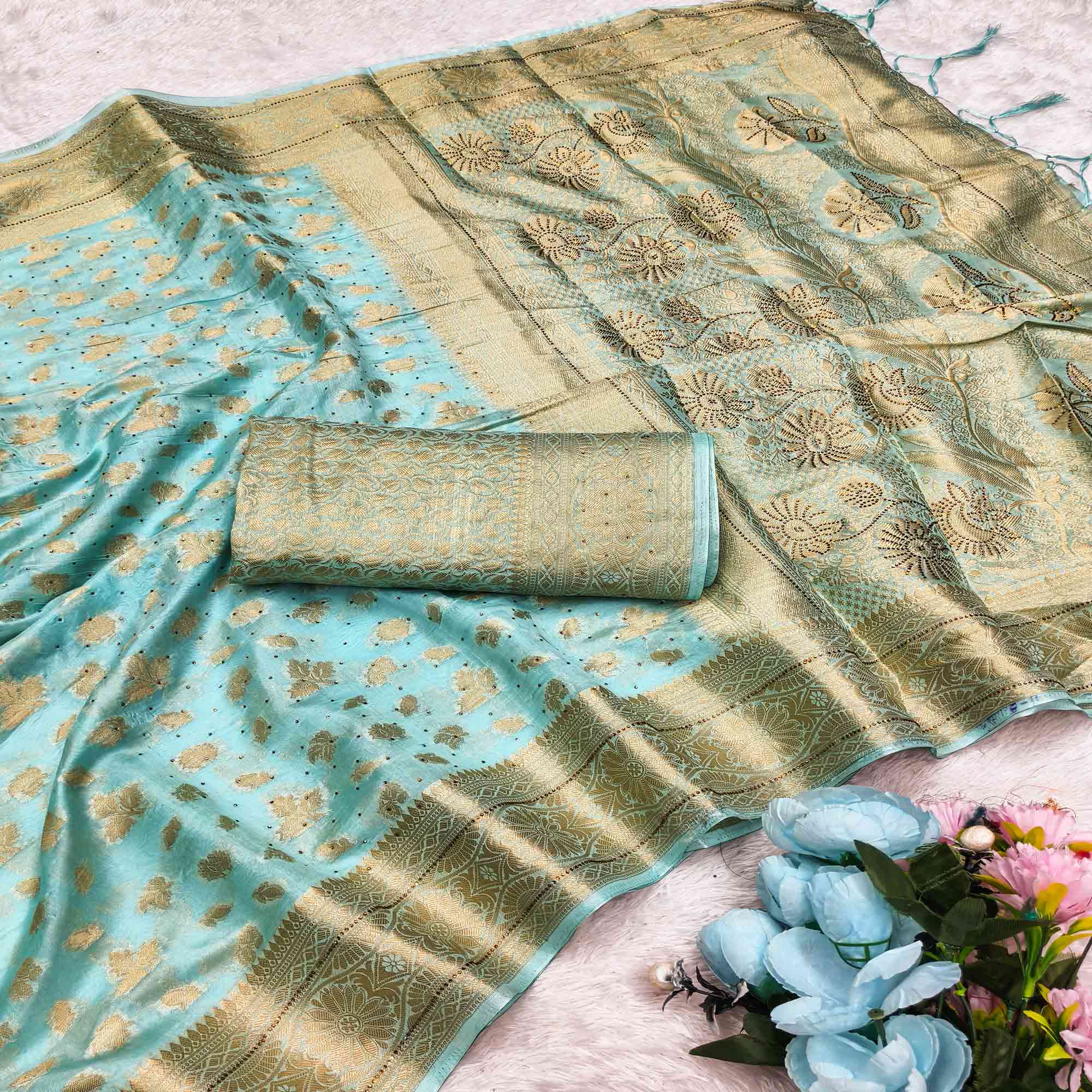 Radiant Turquoise Tissue Banarasi Saree With Intricate Floral Zari Weaving & Stone Embellishments