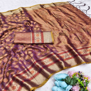 Purple Woven Banarasi Crunchy Silk Saree With Leaf & Floral Motifs Accented By Sparkling Stone