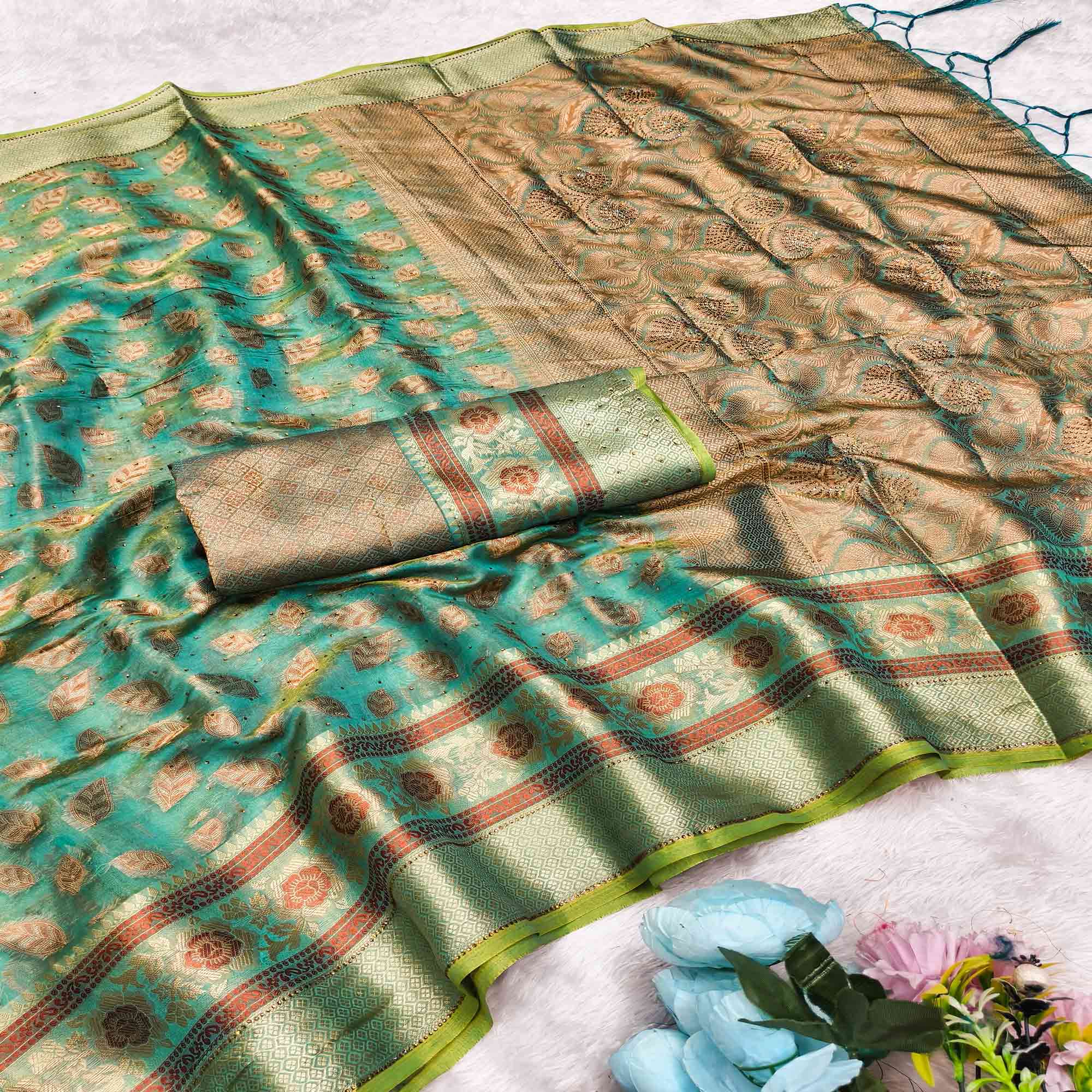 Turquoise Woven Banarasi Crunchy Silk Saree With Leaf & Floral Motifs Accented By Sparkling Stone